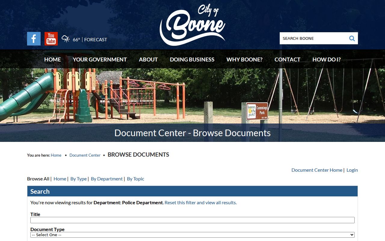 Boone County Police Document Center criminal record filters